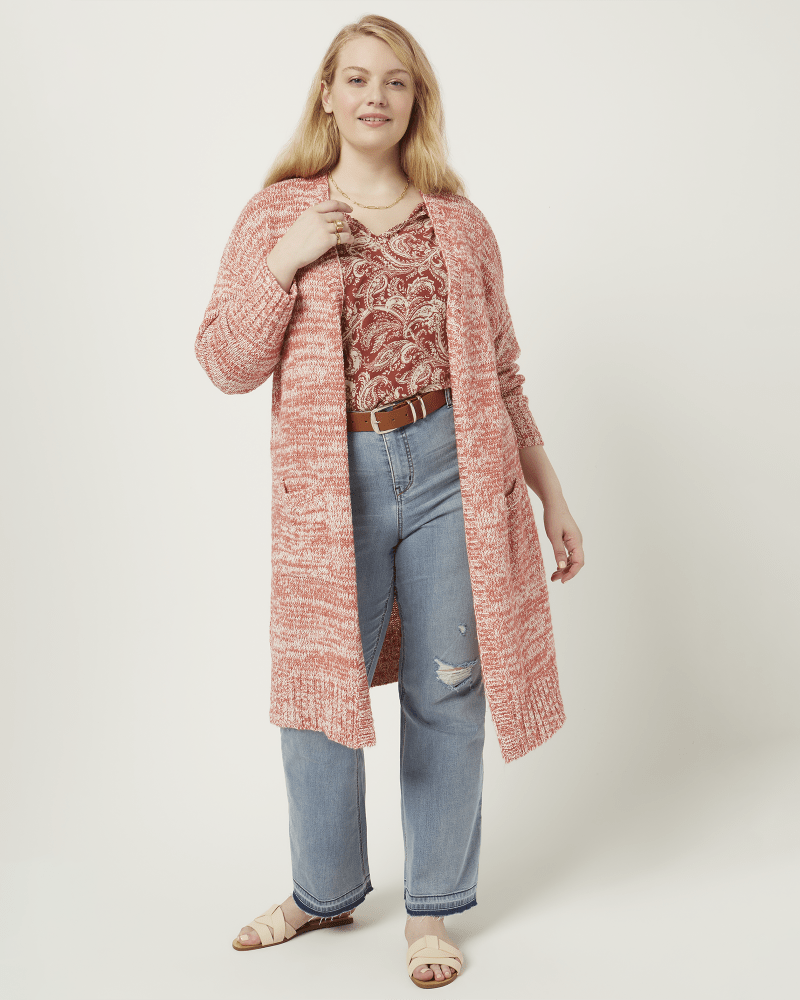 Front of a model wearing a size 1X Maren Open-Front Cardigan in Coral by East Adeline. | dia_product_style_image_id:210588